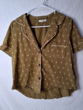 Madewell Olive Green & Pink Palm-Print Short-Sleeve Pajama Top